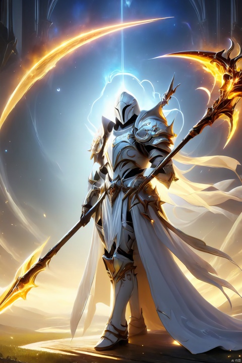 an image of a fantasy game female knight, wielding a galaxy scythe, galaxy print on the scythe, wearing white armor, hells in background, digital art, HD, masterpiece, best quality, hyper detailed, ultra detailed, SCYTHE