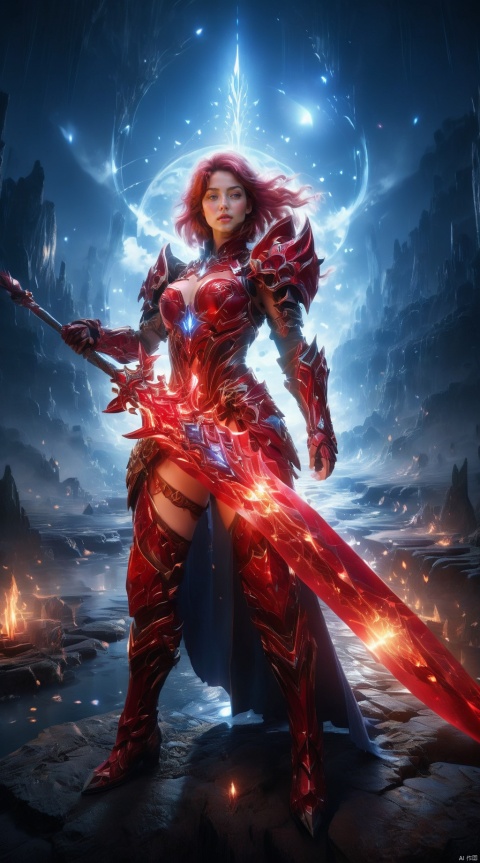  A female warrior in red armor, she stands alone among the stars, forming a magnificent picture with the planets and stars around her. Her armor was as red as fire, as if it could burn the universe, and the red sword in her hand shone with a cold light, as if it could Pierce all obstacles. The female warrior's hair, red as fire, fluttered across the void of the universe, in stark contrast to her armor.
1 girl,full body,masterpiece,
render,technology, (best quality) (masterpiece), (highly detailed), 4K,Official art, unit 8 k wallpaper, ultra detailed, masterpiece, best quality, extremely detailed, dynamic angle,atmospheric,highdetail,exquisitefacialfeatures,futuristic,sciencefiction,CG,