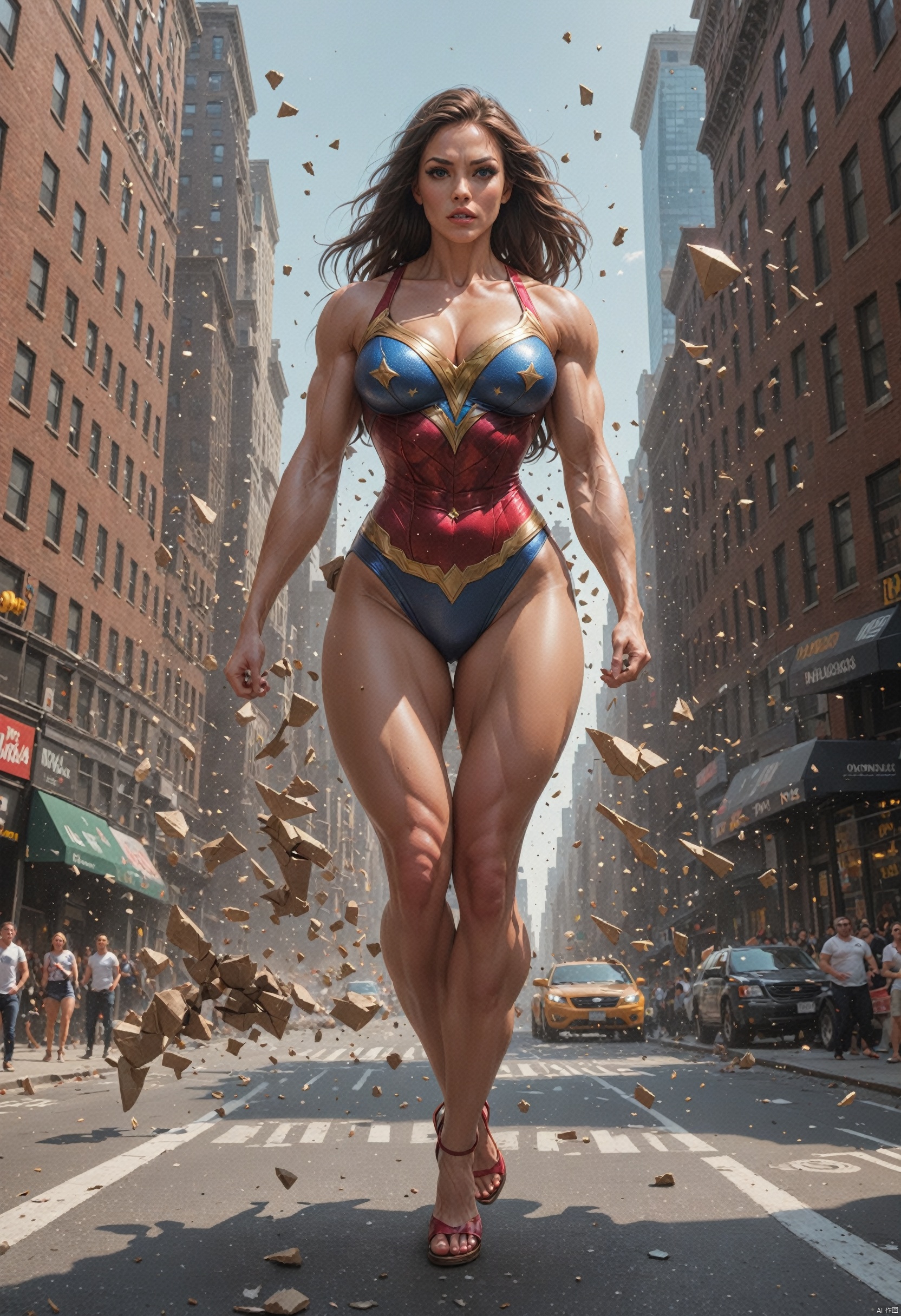  Hyperrealistic photoshoot, a(super woman-flying-high, main-focus), a(busy-New-York-city-street, below, out-of-focus),((monster-falling-down, in-focus)), masterpiece,super detail, Giantess, KALEIDOSHATTER, MUSCLE BIMBO