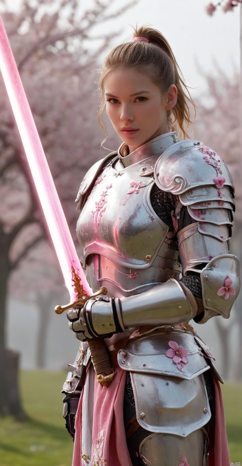 amazing quality, masterpiece, best quality, hyper detailed, ultra detailed, UHD, perfect anatomy, blurry background, outdoor,( cherry blossoms:0.6), fog, studio lighting, bright foreground, face to viewer,
(pink hybrid white) armor, female, holding, sword with ral-elctryzt, ponytail, glowing, shine, dazzling,
, HKStyle,
,
,
, extremely detailed,
, HKSTYLE