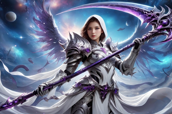 an image of a fantasy game female knight, wielding a galaxy scythe, galaxy print on the scythe, wearing white armor, hells in background, digital art, HD, masterpiece, best quality, hyper detailed, ultra detailed, SCYTHE, MAJICMIX STYLE