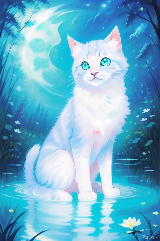  Ultra detailed illustration of a cute fluffy kitten sitting in a clearing flooded with moonlight, starry sky, moon lost in a magical world of wonders, glowy, bioluminescent flora, incredibly detailed, pastel colors, handpainted strokes, visible strokes, oil paint, art by Mschiffer, night, bioluminescence