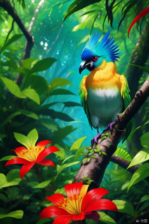 A vibrant, exotic bird perched on a branch in a lush, tropical rainforest, surrounded by vividly colored flowers and foliage. The style is digital art by Elara Mivon, characterized by rich, saturated colors and a slightly surreal, dreamlike quality, enhancing the natural beauty and mystery of the scene. The bird's feathers are a kaleidoscope of colors, shimmering in the dappled sunlight filtering through the canopy above, creating an image that is both captivating and mesmerizing.