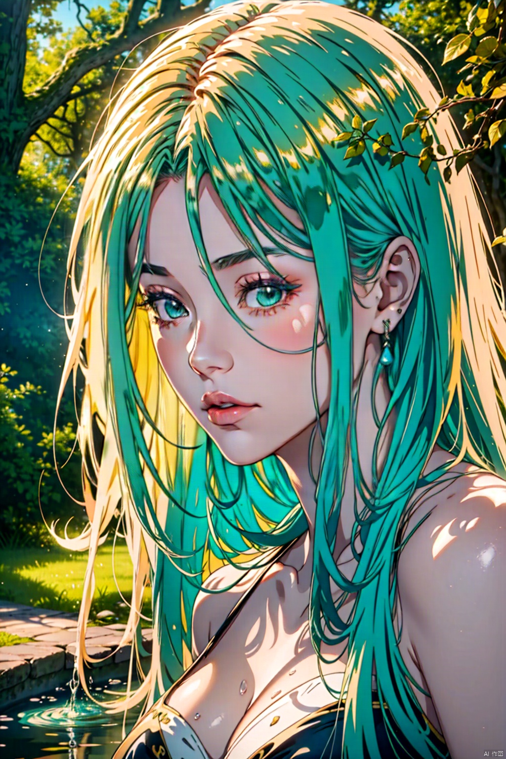  splash art, digital painting, alcohol ink painting, luminism, golden lines, BjD doll face, porcelain skin, baroque, long swirling green hair, lavish green leaves, falling blue flowers, celestial lighting, butterflies, tree branches, sky, golden glowing, water drops,1gril

best quality, masterpiece, high res, absurd res,
perfect lighting, vibrant colors, intricate details,
high detailed skin, pale skin,
, 1gril,1boy, abstract,doodle art