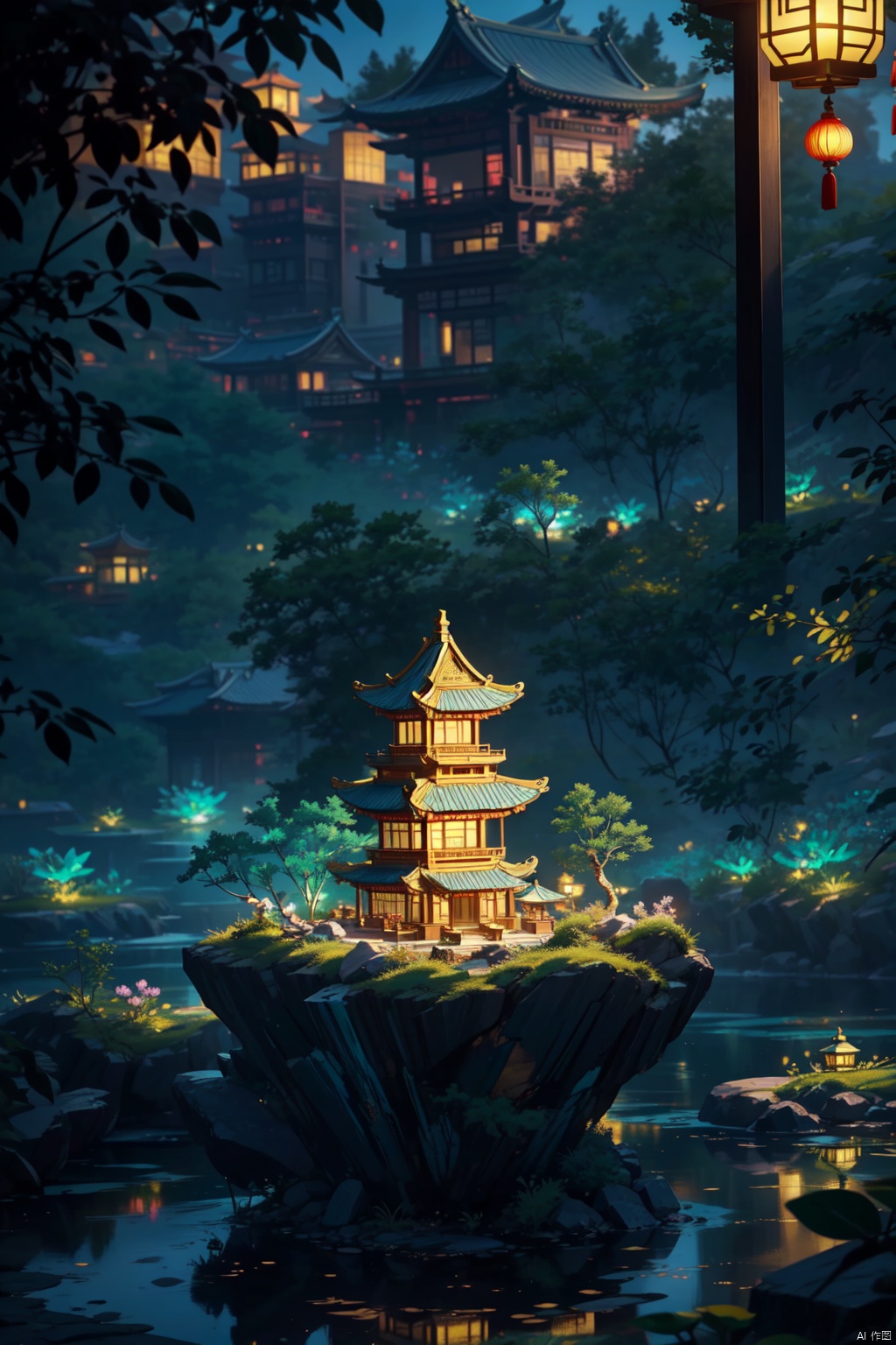 twilight glows through the glass house on the pond, in the style of miniature sculptures, traditional chinese landscape, gold and cyan, intricate illustrations, focus stacking,dazzling cityscapes, made of crystals, Gold jade
