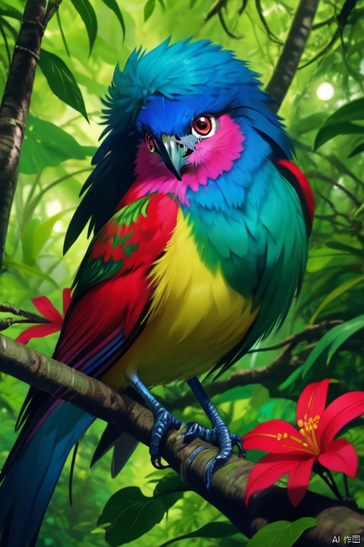 A vibrant, exotic bird perched on a branch in a lush, tropical rainforest, surrounded by vividly colored flowers and foliage. The style is digital art by Elara Mivon, characterized by rich, saturated colors and a slightly surreal, dreamlike quality, enhancing the natural beauty and mystery of the scene. The bird's feathers are a kaleidoscope of colors, shimmering in the dappled sunlight filtering through the canopy above, creating an image that is both captivating and mesmerizing.
