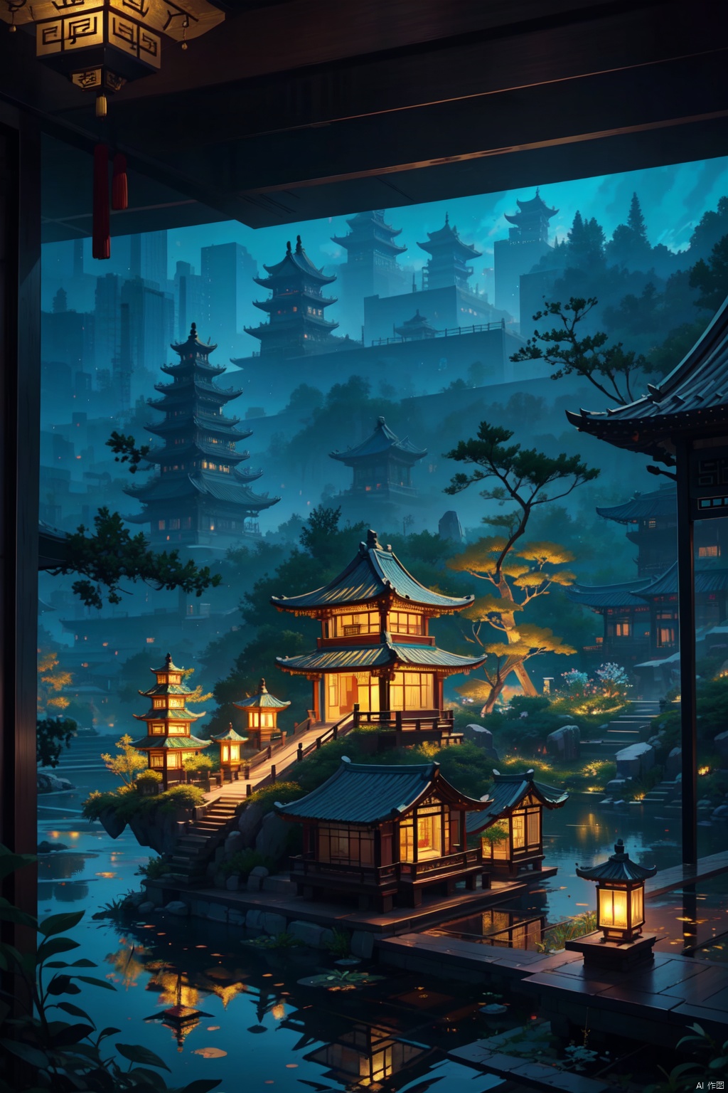 twilight glows through the glass house on the pond, in the style of miniature sculptures, traditional chinese landscape, gold and cyan, intricate illustrations, focus stacking,dazzling cityscapes, made of crystals, Gold jade