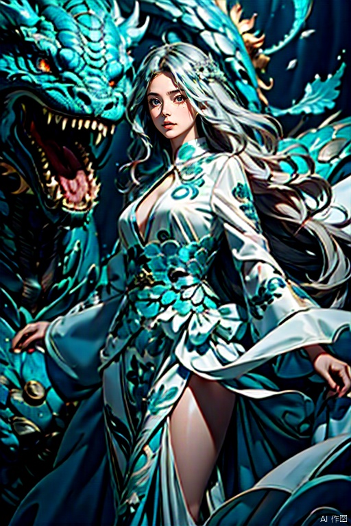  In a vast ocean, the girl met the dragon. She has long golden hair and her eyes are as clear as the blue sea and sky. She was wearing a white long skirt, with the hem swaying gently with the waves of the seawater. Her smile is bright and gives people a warm feeling. At the same time, the appearance of the dragon is also very eye-catching. Its scales are like hard steel, emitting a cold light. The eyes of the dragon are deep and bright, as if they can see through everything. Its tail is long and sturdy, like a steel whip, with infinite power.
1 girl and 1 dragon,masterpiece,
render,technology, (best quality) (masterpiece), (highly detailed), 4K,Official art, unit 8 k wallpaper, ultra detailed, masterpiece, best quality, extremely detailed, dynamic angle,atmospheric,highdetail,exquisitefacialfeatures,futuristic,sciencefiction,CG, chinese dragon, sdmai, 1gril,1boy, sdmai,Peacock style