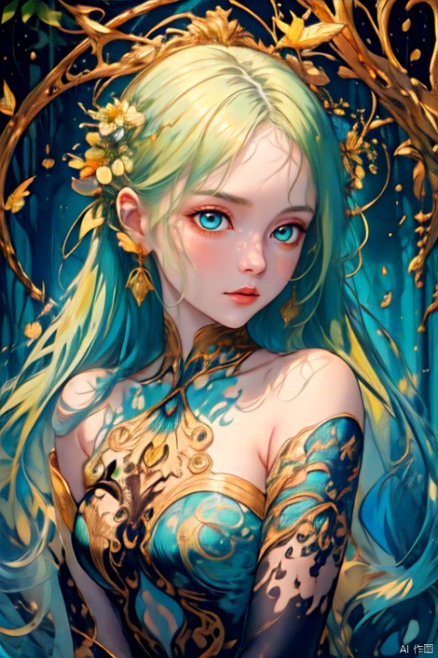  splash art, digital painting, alcohol ink painting, luminism, golden lines, BjD doll face, porcelain skin, baroque, long swirling green hair, lavish green leaves, falling blue flowers, celestial lighting, butterflies, tree branches, sky, golden glowing, water drops,1gril

best quality, masterpiece, high res, absurd res,
perfect lighting, vibrant colors, intricate details,
high detailed skin, pale skin,
, 1gril,1boy, abstract