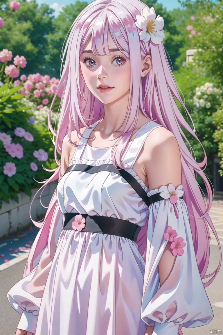  1girl, flower, dress, white dress, solo,white and pink hair,streaked hair, long hair, smile, detached sleeves, looking at viewer, full body, bangs, white flower, 1gril,1boy