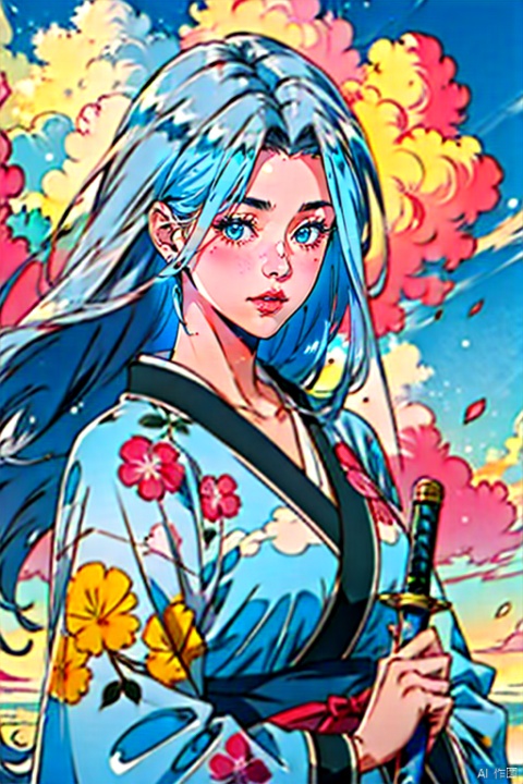  1 girl, holding a Japanese sword, not looking at the camera, three-dimensional facial features, Asian face, bangs, long hair, solo, blue eyes, holding, glow, robot, mecha, science fiction, open_ Hand, movie lighting, strong contrast, high level of detail, best quality, masterpiece, spirit, crystal_ Dress, crystal, with white, blue, and silver as the main color tones Kimono, Hanfu, clouds, with a background of an Eastern dragon (with high-precision details).