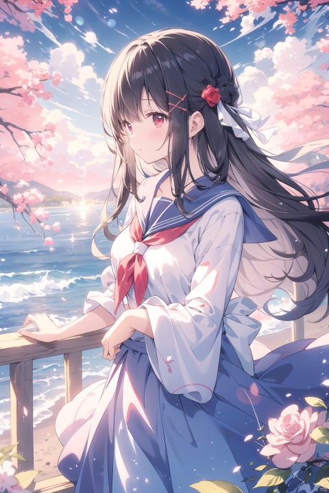 origin, on a sunny summer afternoon, (masterpiece:1.1), (best quality:1.1), official art, extremely detailed cg unity 8k wallpaper, girl, solo, ojousama, medium breasts, lens flare, intricate detail, watercolor \(medium, beautiful detailed sky, clear picture, detail fingers, long hair, bangs, black hair, expressive hair, curtained hair, hair ornament, ribbon, hair bow, hairpin, 1girl, official wallpaper, incredibly absurdres, wallpaper, watercolor \(medium\\undefined, outdoors, shore, sky, day, cloud, (😉:1.1), (standing:1.1), looking at viewer, red eyes, serafuku, pov, skirt, reaching out, reaching, rose hair ornament