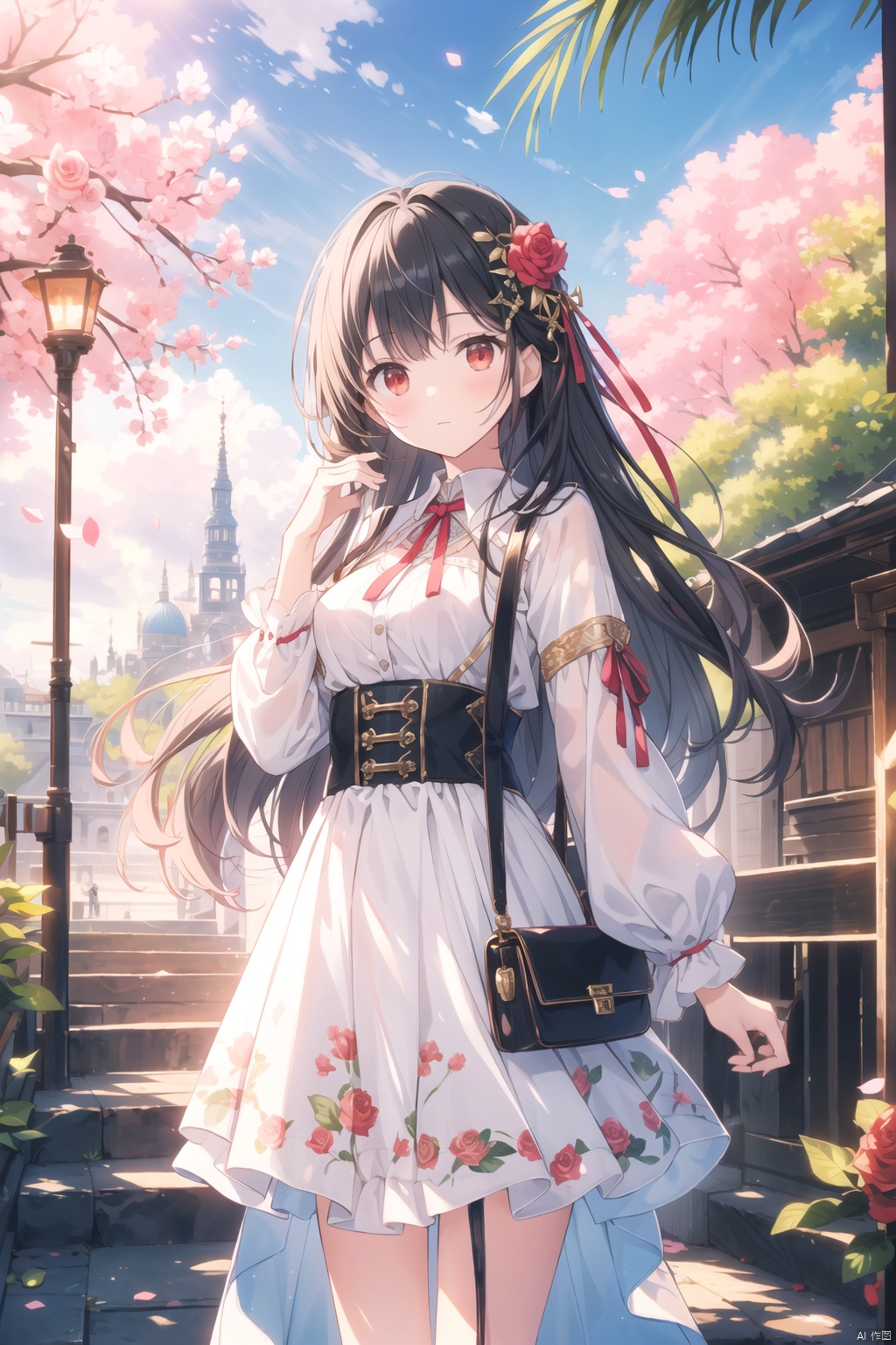  origin, on a sunny summer afternoon, (masterpiece:1.1), (best quality:1.1), official art, extremely detailed cg unity 8k wallpaper, girl, solo, ojousama, medium breasts, lens flare, intricate detail, watercolor \(medium, beautiful detailed sky, clear picture, detail fingers, long hair, bangs, black hair, expressive hair, curtained hair, hair ornament, ribbon, hair bow, hairpin, 1girl, official wallpaper, incredibly absurdres, wallpaper, watercolor \(medium\\undefined, outdoors, sky, day, cloud, (😉:1.1), (standing:1.1), looking at viewer, red eyes, rose hair ornament, shag, ear ornament, glamor, tying hair, high-heeled shoes, garter belt, loose shot, soft light, facing viewer, pov hands, cowboy shot