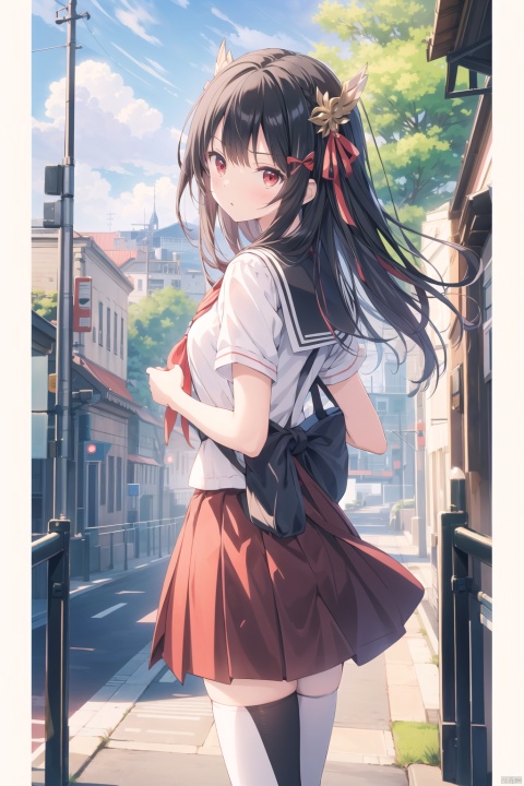 anime art style, (masterpiece:1.1), (distinct:1.1), (highres:1.1), (high quality:1.1), (intricate details:1.1), perfect fingers, perfect eyes, perfect face, looking at viewer, foot focus, solo, 1girl, one side up, black hair, red eyes, small medium breasts, meiji schoolgirl uniform, headdress, hair ribbon, road, city, hair ornament, hair bow, thighhighs, outdoors, pov, nature, sky, day, cloud, standing, ojousama, glamor, parted lips, (scowl:1.1), arm up