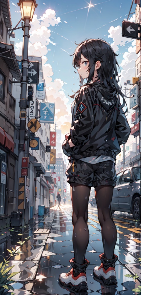  masterpiece,best quality,(ray tracing, cinematic lighting),ex-light,(central composition, Centered Composition and Symmetry:0.6),(back to camera:1.3),backlight,1girl,((solo)),black long hair,messy hair,jacket,pantyhose,rainy day,Cumulonimbus Cloud,(put hands in pockets),(outdoors, rain, sky, deserted streets, watered-down pavements, crossroad, fork in the road),tall buildings,bell towers,glass,reflections,streetlights,sunset,Tyndall Effect, shota
