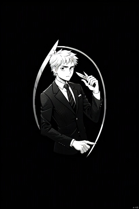  mty,black background, formal, greyscale, letterboxed, male focus, monochrome, necktie, shirt, solo, striped, suit, transparent background, black background, food, transparent background,knife