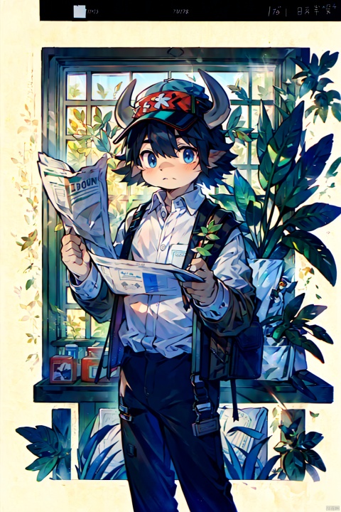  WANSHENG, bag, hat, flower, shirt, holding, 1boy, white shirt, black pants, solo, jacket, male focus, newspaper, pants, short hair, paper, collared shirt, leaf, long sleeves, brown jacket, window, plant, black headwear, shoulder bag, border, closed mouth, english text, standing, handbook, qzclothesdesign, shota, bison\(arknights\),cow boy,cow horns, furry