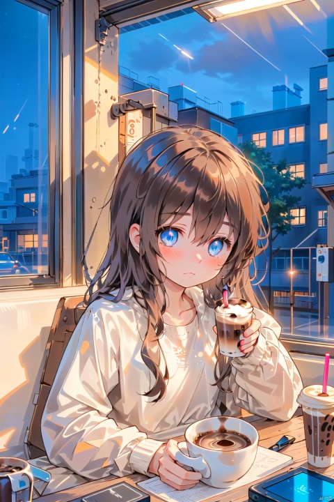  A girl sat alone by the window, with a drizzle outside the window, holding half a cup of cold coffee in her hand. Her eyes were deep and melancholy, and the background was a vague night city.