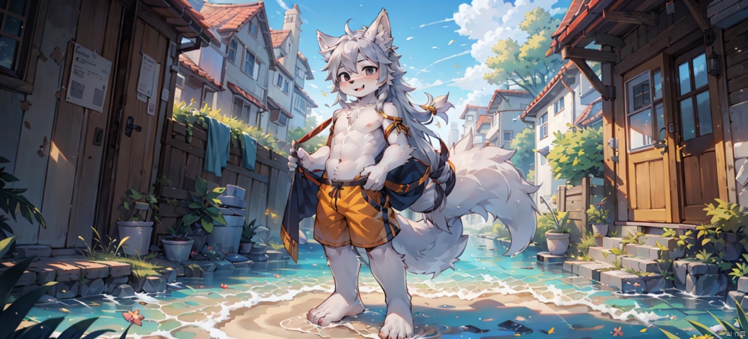  (little boy:1.3),8k,(silver long hair:1.2),black eyes,((poakl)),Happy expression,yellow clothes,bare foot,Standing in the water, exposing shoulders,Wolf ears, furry, shota