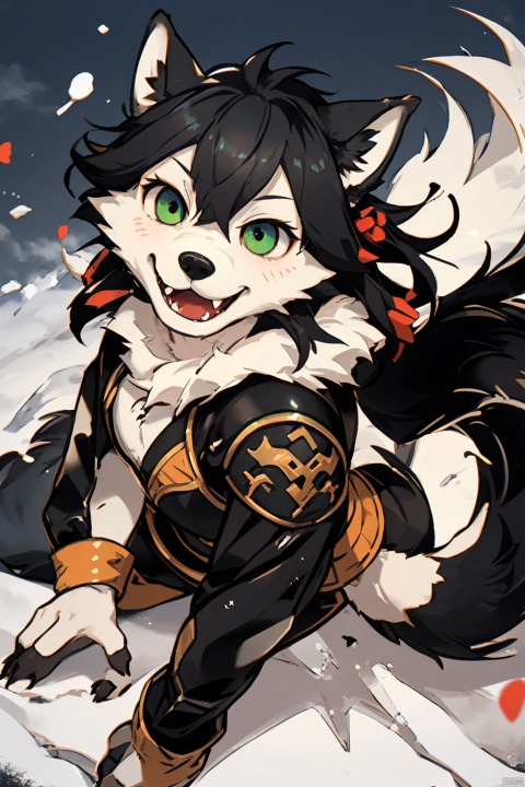  1girl, furry, rogue, full body,(wolf girl,green eye,black hair), leather armor, black fur at all, wolf face, FurryCore,1tail,grinning, sharp fangs,human hands,Gynomorph, f4nt4nsy style, eastern dragon