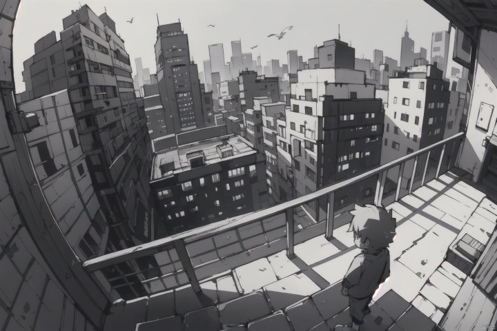  (((best quality,masterpiece,fine detailed,))),Top view,large perspective,fisheye Perspective,black and white painting,Scene design,concept design,CJ view,a drawing of a person standing on a ledge above a cityscape with buildings and a bird flying overhead,building,city,cityscape,skyscraper,scenery,bridge,street,architecture,monochrome,town,real_world_location,greyscale,library,rooftop,house,road,east_asian_architecture,outdoors,tokyo_\(city\),traditional_media,brick_wall,railing,blue sky, (best quality, high quality, masterpiece,), shota