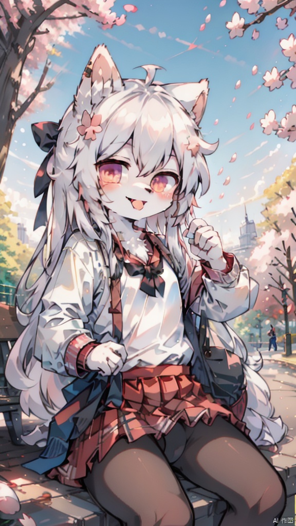 park,sky,day,skirt,bow,long hair, straight hair,smile,tongue out,fang,1girl,upper body,cherry blossoms, furry, shota, white pantyhose