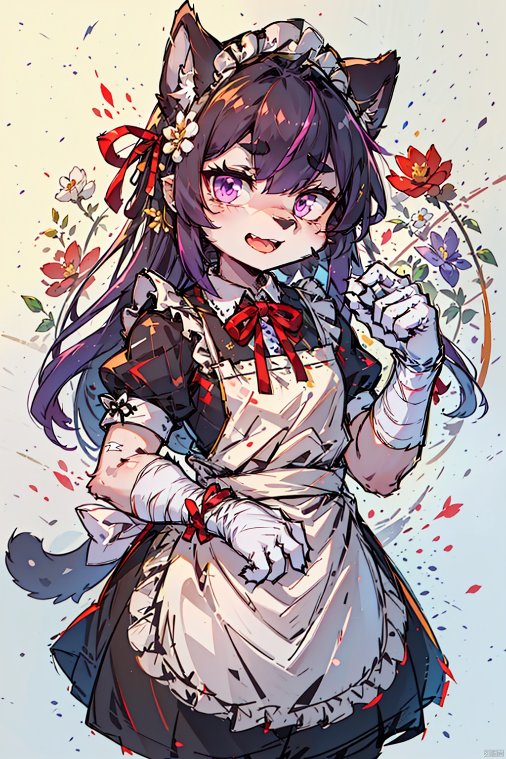  1girl, solo, long hair, looking at viewer, bangs, black hair, gloves, dress, ribbon, hair between eyes, closed mouth, purple eyes, purple hair, flower, multicolored hair, frills, black gloves, hand up, apron, black dress, two-tone hair, maid, maid headdress, neck ribbon, one side up, bandages, white flower, white apron, maid apron, frilled apron, yellow ribbon, colored inner hair, bandaged arm, collared dress, pink fantasy, jinlanshan, lbb, JHJH,((masterpiece)), ((best quality)), ((illustration)), extremely detailed, fensehuanxiang,pink fantasy,cat,abstract background,yellow and purple, Cluttered lines, furry, shota