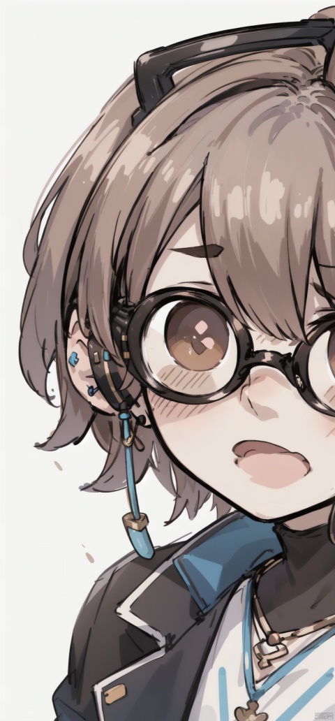  1girl, solo, looking at viewer, blush, short hair, open mouth, bangs, brown hair, shirt, brown eyes, jewelry, white shirt, earrings, glasses, virtual youtuber, :o, portrait, close-up, round eyewear, earphones, shota