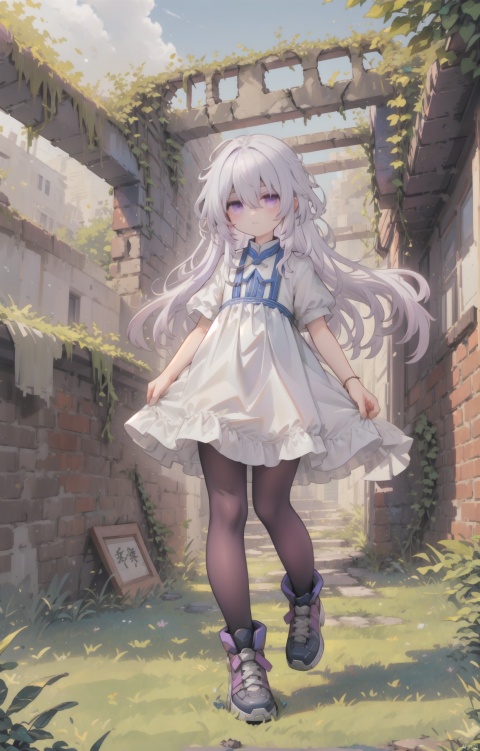  (masterpiece),(best quality),1girl, solo, purple_eyes, white_hair, overgrown, dress, short_sleeves, white_dress, scenery, grass, ruins, bangs, plant, outdoors, hair_between_eyes, looking_at_viewer, day, vines, shota, (\shen ming shao nv\), , killer, white pantyhose