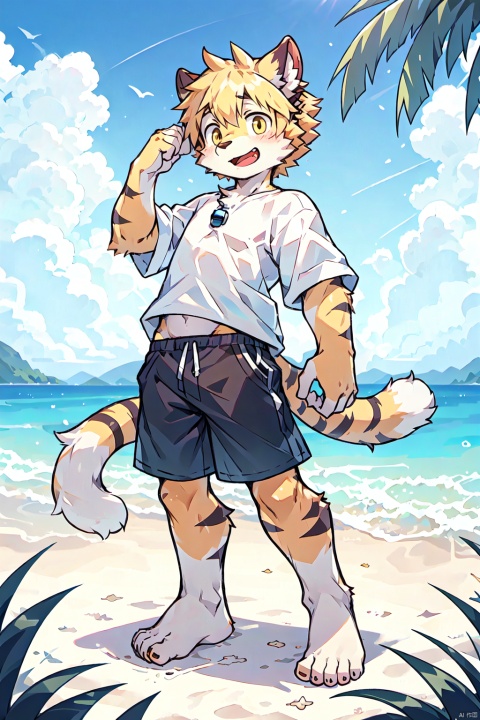  ahoge, furry, Children with bells and headphones, furry, open mouth, Big fluffy tail, An eight-year-old boy, Not a spot on the whole body, Yellow cat ears and brown antlers, Gray shorts, White shirt, The size of the cat, Juvenile, Skinny body type, 1boy, cat boy, furry, cub, ultra cute face, full body, perfect lighting, masterpiece, ultra detailed, White clothes, ultra detailed fur, Beach, outside, The blue sky and white clouds, Alone,barefoot,cow boy,cow horn,yellow, shota