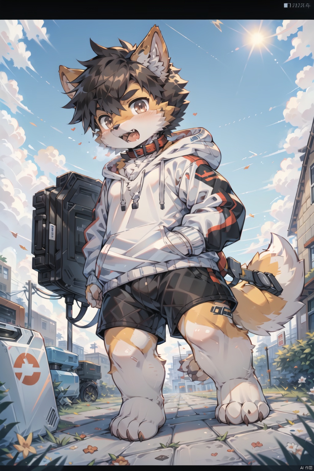  ((best quality)),(boy:Shiba inu:0.8),(boy:1.2),(dark brown fluffy hair:1.3), (big grey innocent eyes:1.2),stubborn expression,open the mouth and show the teeth,canine teeth,(white hoodie with paw prints:1.1),(collar on neck:1.2),paws in pocket,(carefree attitude:1.2), (anime character:1.3), lovable personality, (endearing perspective:1.1), (8k resolution:1.0),furry,pixel art,machinery, furry,fat, shota