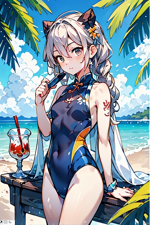  Masterpiece, Best, Summer, Colored, Beach, Upper Body, Sexy, Swimsuit, Girly, Dessert, Goblet, Magazine Cover, shota, Ink scattering_Chinese style