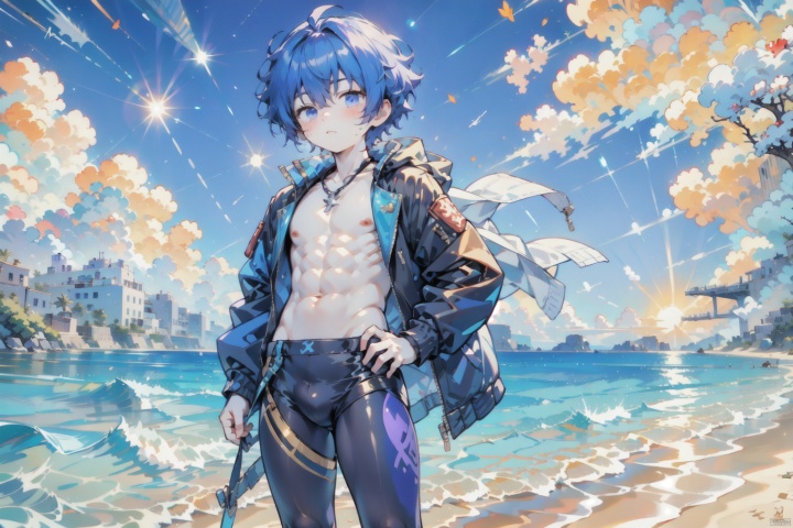 1boy,a young male anime character standing at a beach during sunset. He is shirtless, displaying a muscular physique, and wears a black jacket. The sky is painted in hues of blue, purple, and orange, with scattered stars. The sun casts a warm, golden glow on the character and the surrounding environment. The art style is detailed, with smooth shading and lifelike textures, particularly evident in the character's hair and skin,
masterpiece,best quality,very aesthetic,absurdres, shota, white pantyhose