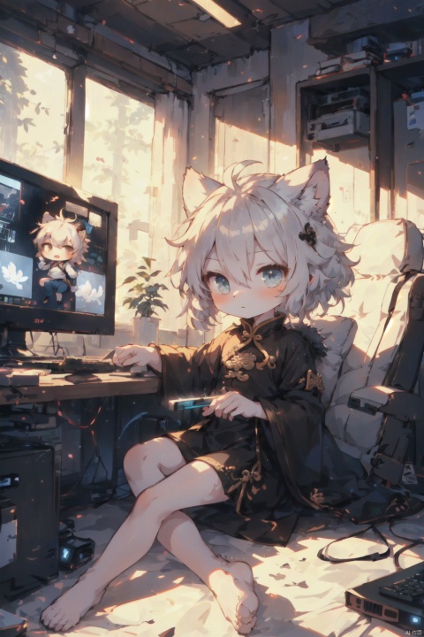 gpu, fans, led light,stunning photo with delicate details, 8k(chibi wild girl sitting in a computer case), shota, furry, (\shen ming shao nv\)