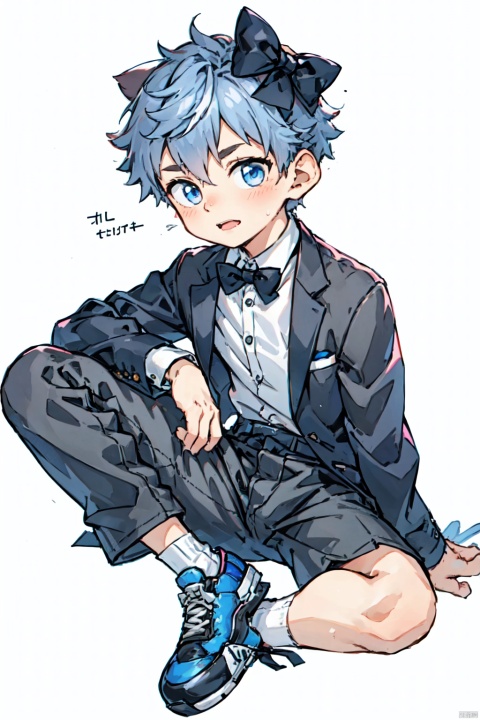  (1boy:1.2), black_bow, tie, bowtie, hair_bow, parted_lips, purple_bow, blue_hair, short_hair, simple_background, solo, white_background, shota