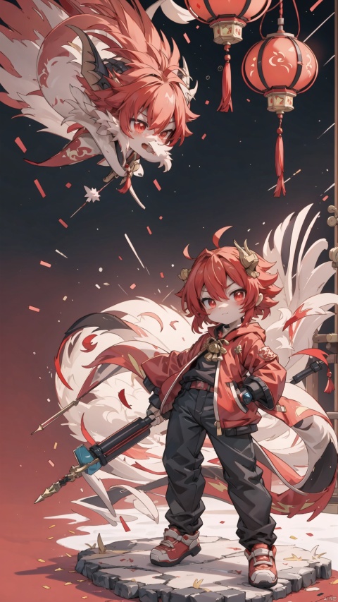  1 red dragon,red background, a small number of red lanterns, Chinese elements with firecrackers around and fireworks in the background, goddess, colors, shota, killer