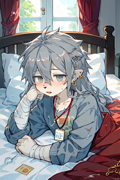  1girl, solo, long hair, blush, bangs, shirt, long sleeves, jewelry, upper body, grey hair, earrings, lying, parted lips, indoors, pillow, grey eyes, window, bed, on bed, bandages, looking down, piercing, curtains, messy hair, ear piercing, blanket, id card, lanyard, intravenous drip, hospital bed, shota, furry
