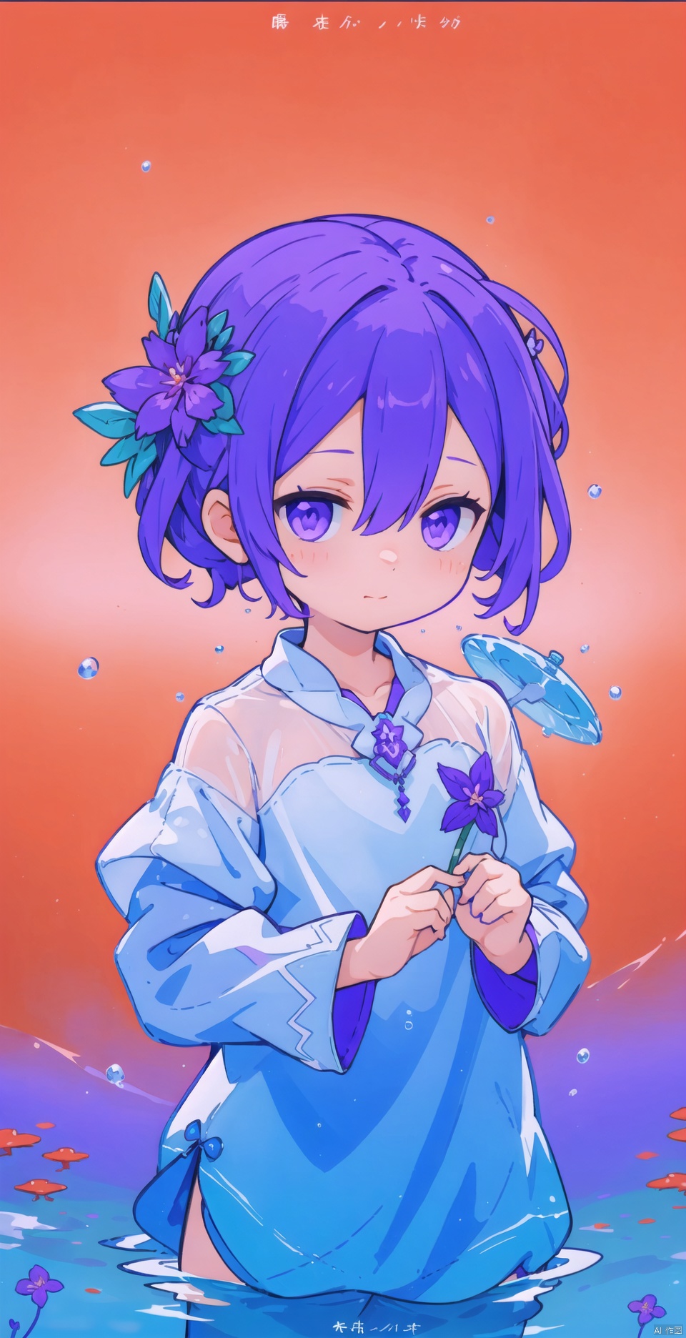  1 girl,(Purple light effect),hair ornament,jewelry,looking at viewer,flower,floating hair,water,underwater,air bubble,submerged

, forehead mark, shota, red background