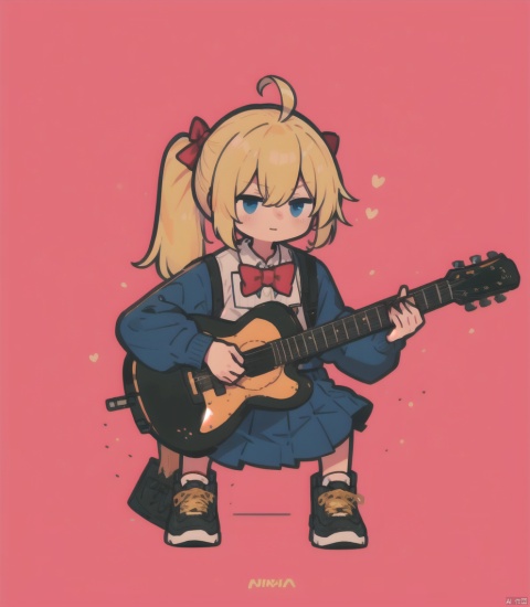  pink background,flat color,chibi,playing guitar,simple background,masterpiece, best quality,btr-nijika, 1girl, blonde hair, solo, side ponytail, skirt, long hair, (ahoge:1.2), red bow, blue skirt, white shirt, pleated skirt,bowtie, long sleeves, (anime colored:0.7),, red background, CUXIAN, shota