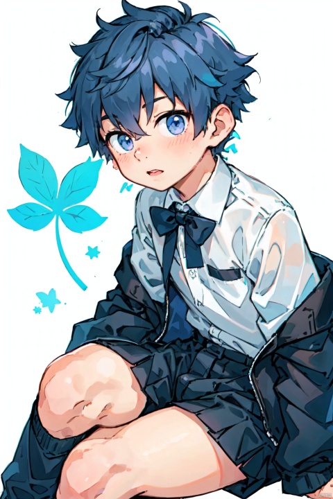  (1boy:1.2), black_bow, tie, bowtie, hair_bow, parted_lips, purple_bow, blue_hair, short_hair, simple_background, solo, white_background, shota