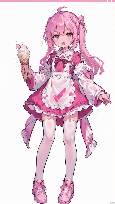  1girl, absurdres, apron, asymmetrical legwear, bow, detached sleeves, dress, food, highres, holding, ice cream, long hair, long sleeves, looking at viewer, open mouth, original, pink bow, pink dress, pink eyes, pink footwear, pink hair, pink socks, simple background, sleeves past fingers, sleeves past wrists, socks, solo, standing, thighhighs, uneven legwear, white background, white thighhighs
, shota, red background