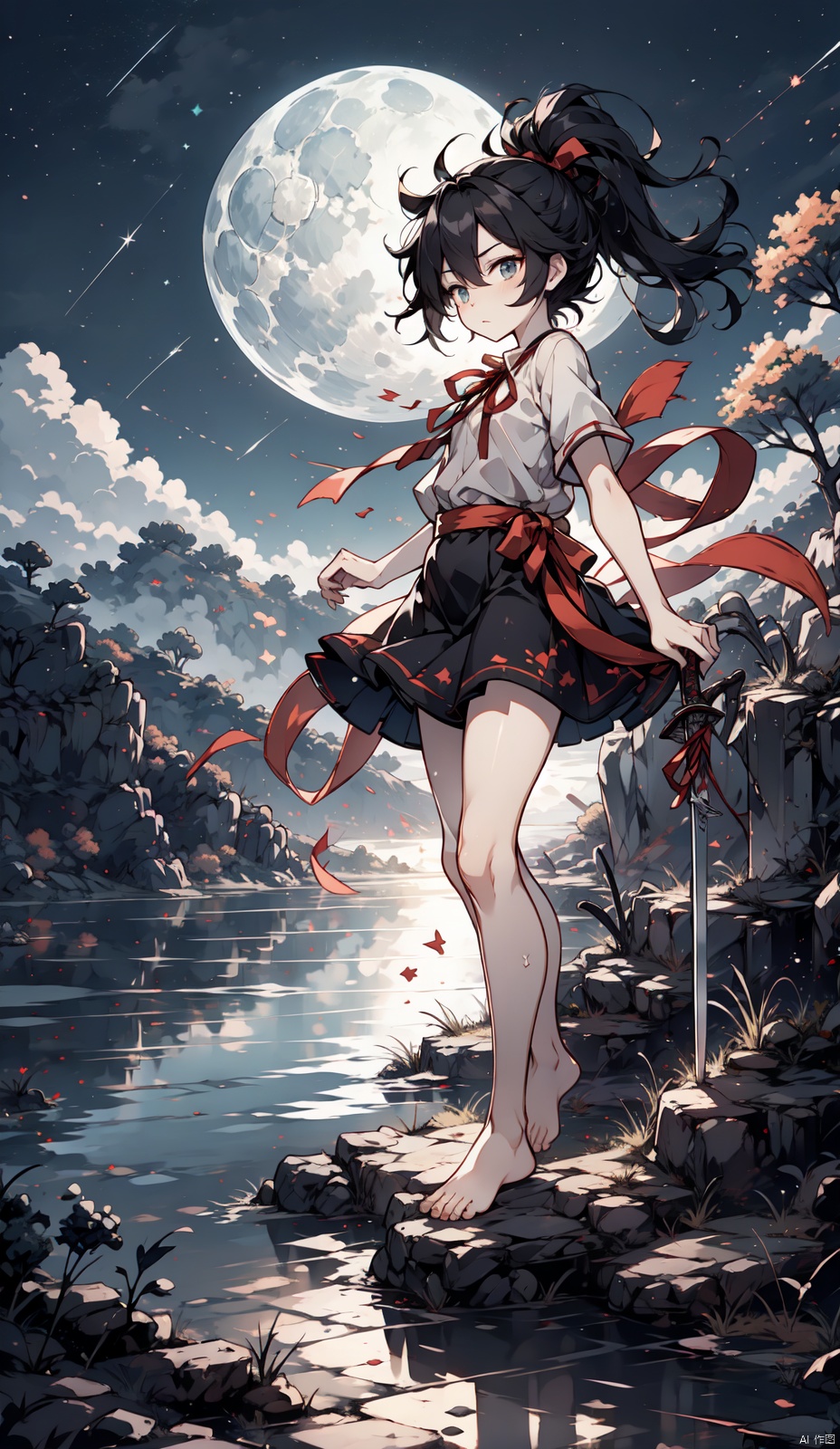  1 girl, knight, (HDR: 1.4), high contrast, low saturation, white short-sleeved shirt, black mini skirt, short hair, single ponytail, hair tied with a red ribbon, color block background, whole body, soft clothing texture, eyes looking at viewer, horizontal, lake, moonlight, bare feet, elegance, shooting star, starlight, red ribbon fluttering in the wind, sword, foreground, shota