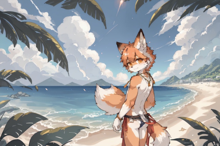  masterpiece, high quality, hi res, digital painting \(artwork\), by kuroisumi, yupa,kiyosan. soft lighting, solo, (anthro male fox), (orange body), sunshine, beach, loincloth, sea, cloud, dark, bright, sand, from side, necklace. impasto, panorama,portrait,135mm,looking at viewer,character focus. detailed background,amazing background,outdoors,scenery,light particles, kemono, (cute), ass, furry, shota, MIR, Ink scattering_Chinese style