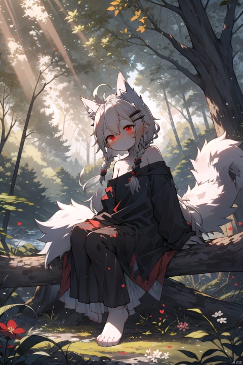  best quality,(best quality),(masterpiece),((solo)),long hair, side braid,long hair,hime cut,ahoge,hair clip, black silk hair band,white hair,asymmetrical hair,((( white hair))),wolf ears,red eyes,cute,(blush),(light smile),loli,((child)), wolf girl,(large tail),flat chest,white t-shirt,Oversized T-shirt,T-Shirt covered,No pants ,sunlight,branches,off_shoulder,falling_leaf. flower,hair_ornament,on_branch,full_body,uwabaki, sitting in tree, see-through, see-through,full body,,((forest of magic)),(((wind))),clouds,exquisite,detailed, furry, shota