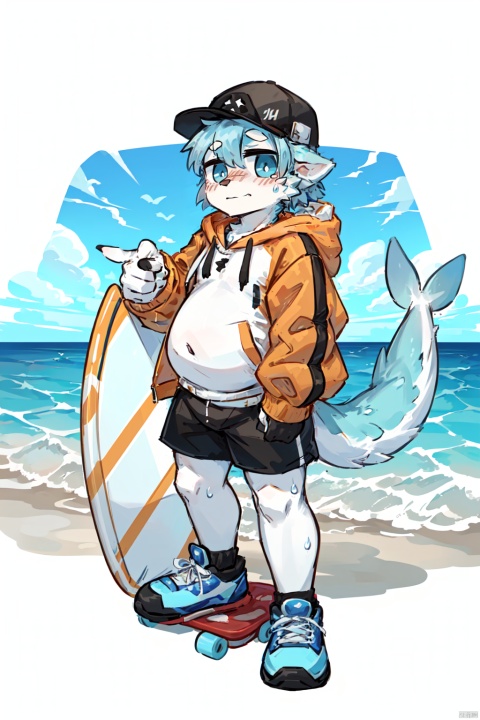  (\lang lang\), surfboard, solo, hat, shorts, water, male focus, shoes, holding, 1boy, waves, jacket, hood, baseball cap, hood down, long sleeves, yellow jacket, full body, drawstring, skateboard, pointing, blue footwear, furry, tail, dolphin, standing, whale, hoodie, looking at viewer, furry male, sneakers, white headwear, orange jacket, white shorts, blush stickers, CUXIAN,fat,chibi