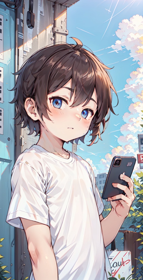  artist_name, cellphone, cloud, holding, holding_phone, looking_at_phone, male_focus, phone, shirt, short_sleeves, sky, smartphone, solo, t-shirt, upper_body, white_shirt, shota, furry