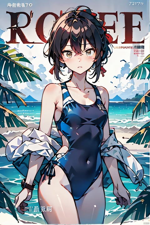  Masterpiece, Best, Summer, Colored, Beach, Upper Body, Sexy, Swimsuit, Girly, Dessert, Goblet, Magazine Cover, shota, Ink scattering_Chinese style, e style thriller posterl