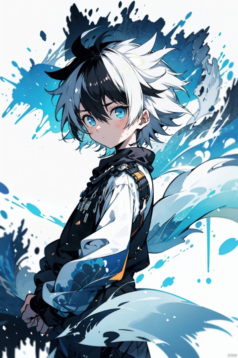  1boy,messy hair, white hair, Blue eyes, midjourney, shota