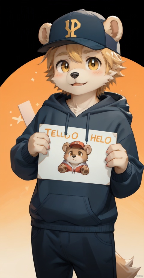  a cute little bear,baseball_cap,hoodie,take the sign,it says "hello",yellow theme,orange background, shota, furry