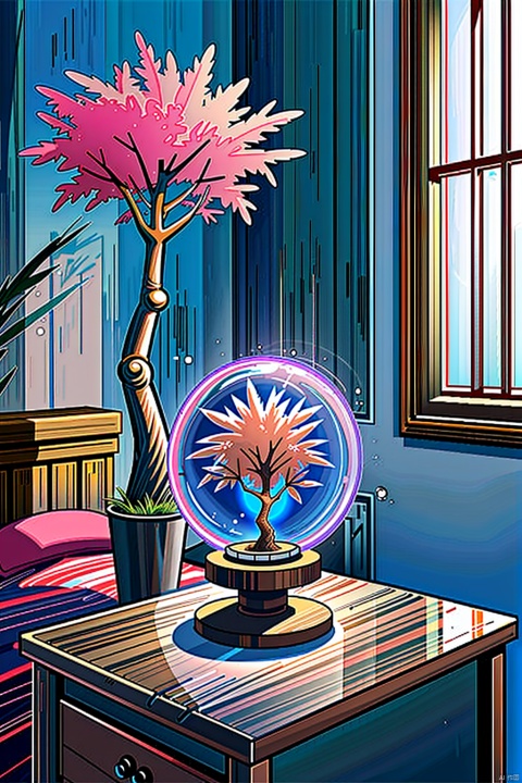  Pink glowing_glass sculpture of a Sakura tree, on a nightstand, depth of field, fisheye, MIR